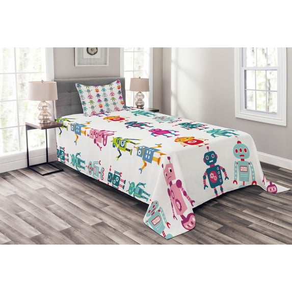 Ambesonne Cartoon Quilted Bedspread Set 2 Pcs, Robot, Twin Size, Multicolor