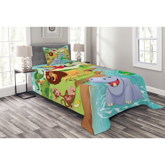 Ambesonne Cartoon Quilted Bedspread Set 2 Pcs, Savannah Animals Colorful, Twin Size, Multicolor