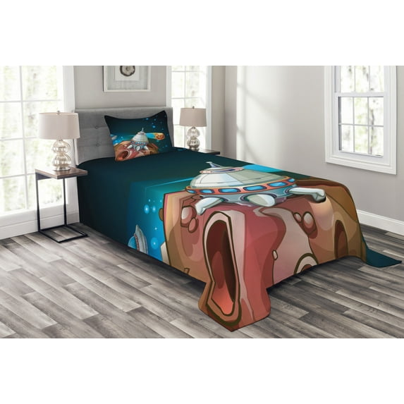 Ambesonne Cartoon Quilted Bedspread Set 2 Pcs, Spacecraft Planet Space, Twin Size, Multicolor