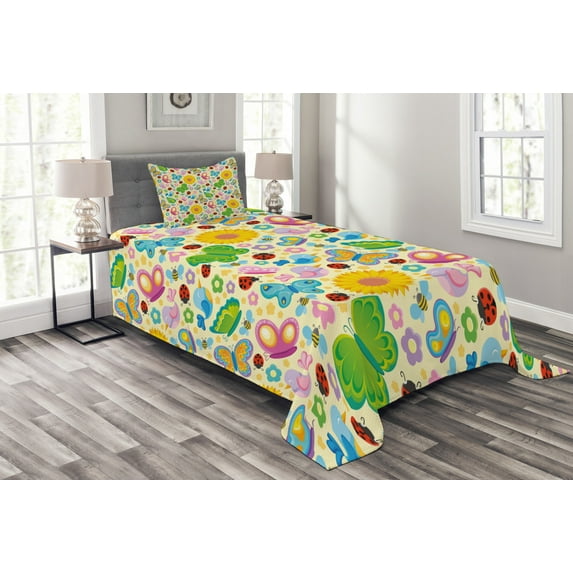 Ambesonne Cartoon Quilted Bedspread Set 2 Pcs, Spring Flowers Bugs, Twin Size, Multicolor