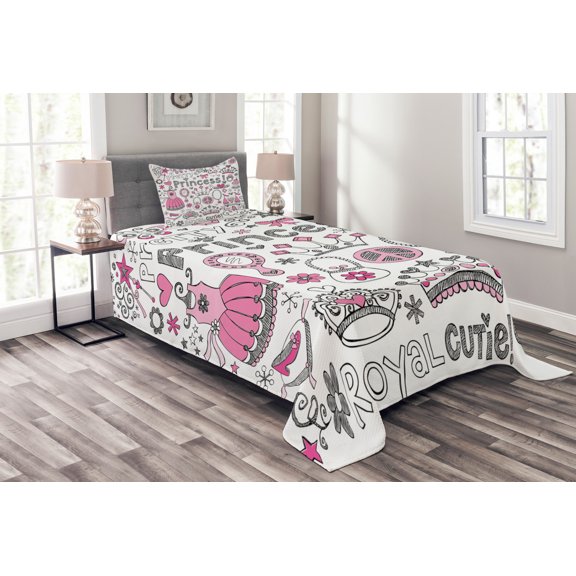 Ambesonne Cartoon Quilted Bedspread Set 2 Pcs, Tale Fantasy Ornamens Print, Twin Size, Grey Pink White