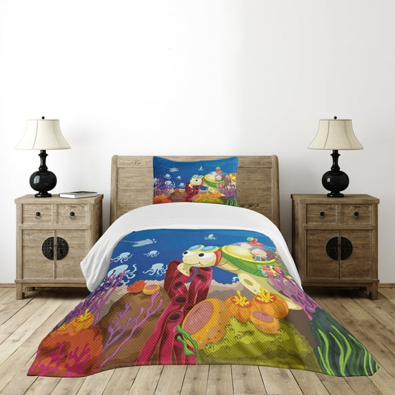 Ambesonne Cartoon Quilted Bedspread Set 2 Pcs, Turtle, Twin Size, Multicolor