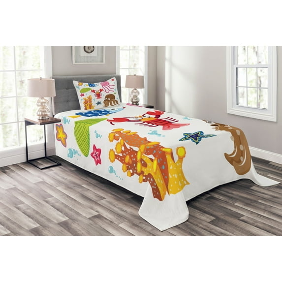 Ambesonne Cartoon Quilted Bedspread Set 2 Pcs, Underwater Wildlife Fun, Twin Size, Multicolor