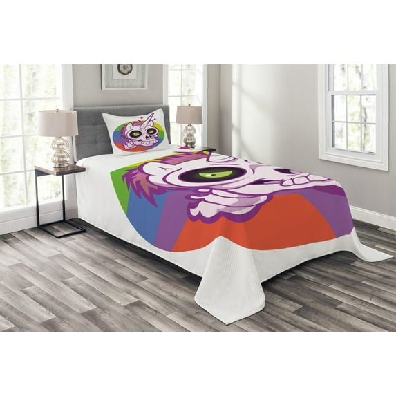 Ambesonne Cartoon Quilted Bedspread Set 2 Pcs, Unicorn Design, Twin Size, Multicolor