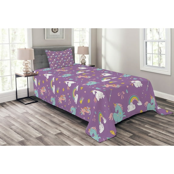 Ambesonne Cartoon Quilted Coverlet 2 Pcs, Unicorn Rainbows, Twin Size, Multicolor