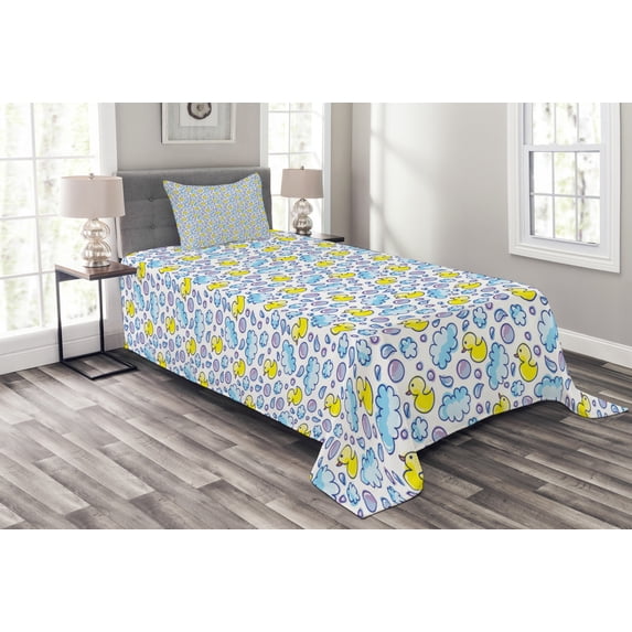Ambesonne Cartoon Quilted Bedspread Set 2 Pcs, Watercolor Bubbles Ducks, Twin Size, Yellow Lilac and Blue