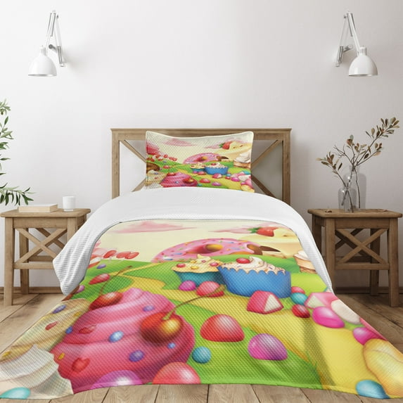 Ambesonne Cartoon Quilted Bedspread Set 2 Pcs, Yummy Donuts Land, Twin Size, Multicolor