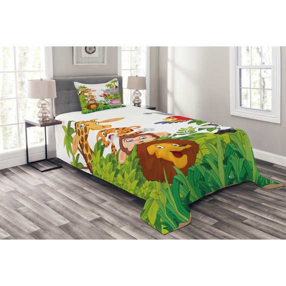 Ambesonne Cartoon Quilted Bedspread Set 2 Pcs, Zoo Mascots, Twin Size, Multicolor