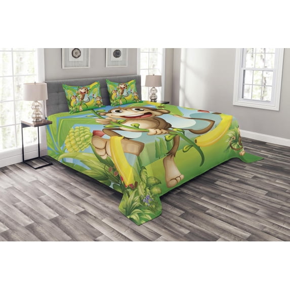 Ambesonne Cartoon Quilted Bedspread Set 3 Pcs, 2 Monkeys and Bananas, Queen Size, Multicolor