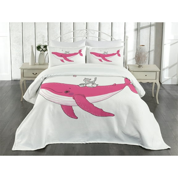 Ambesonne Cartoon Quilted Bedspread Set 3 Pcs, 3 Cats Big Fish Magic, King Size, Pink