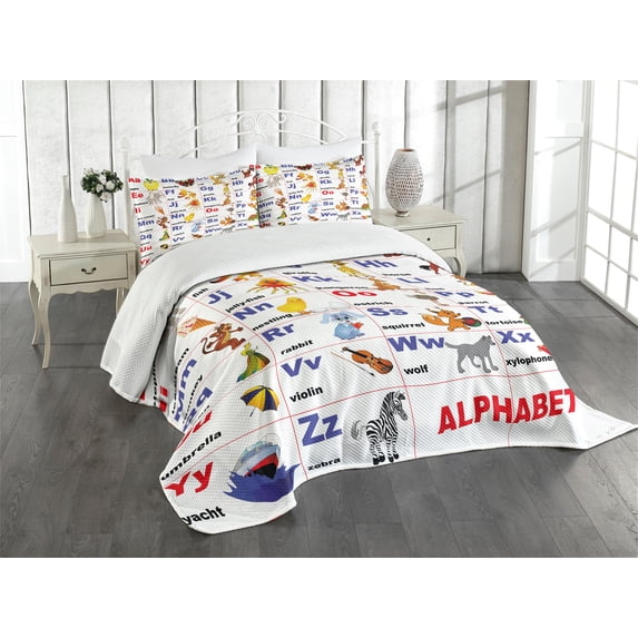 Ambesonne Cartoon Quilted Bedspread Set 3 Pcs, Animal Theme Letter Design, King Size, Multicolor