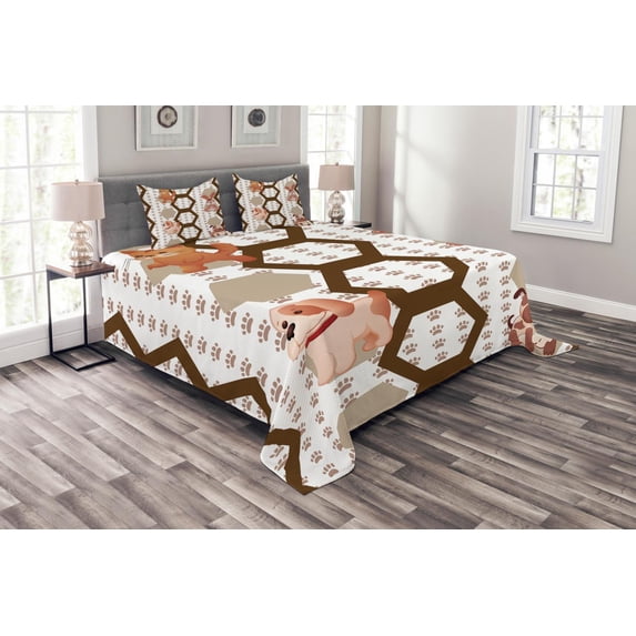 Ambesonne Cartoon Quilted Bedspread Set 3 Pcs, Animals, Queen Size, Multicolor