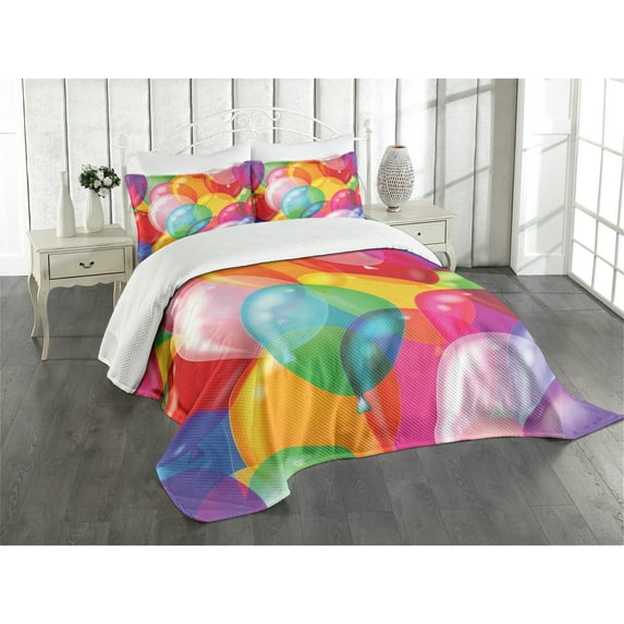 Ambesonne Cartoon Quilted Bedspread Set 3 Pcs, Balloons Fun, King Size, Multicolor