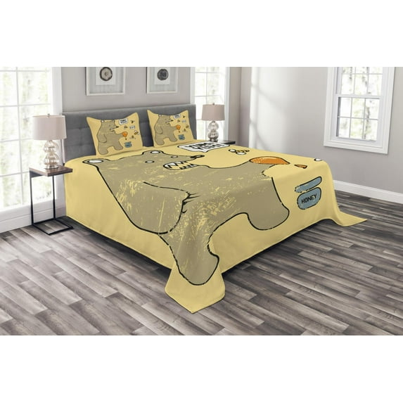 Ambesonne Cartoon Quilted Bedspread Set 3 Pcs, Bear Bees Honey Comic, King Size, Taupe Yellow