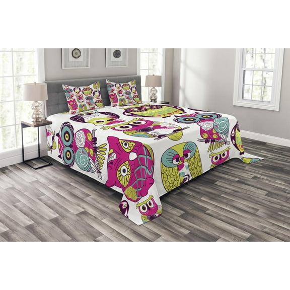 Ambesonne Cartoon Quilted Bedspread Set 3 Pcs, Best Friends Animals Fun, Queen Size, Multicolor Coral