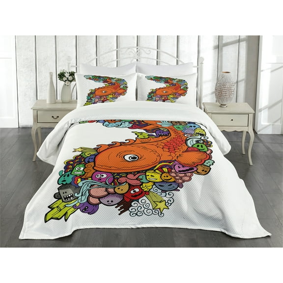 Ambesonne Cartoon Quilted Bedspread Set 3 Pcs, Big Fish Ocean Life, King Size, Multicolor