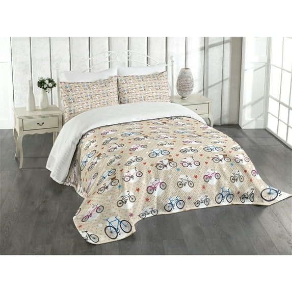 Ambesonne Cartoon Quilted Bedspread Set 3 Pcs, Bike Heart and Dots, Queen Size, Beige and White