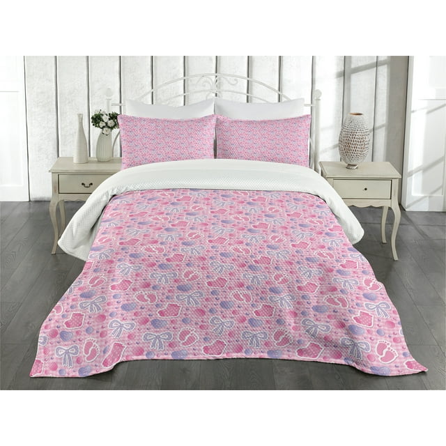 Ambesonne Cartoon Quilted Bedspread Set 3 Pcs, Bows and Buttons Ribbon, Queen Size, Pale Pink and Mauve