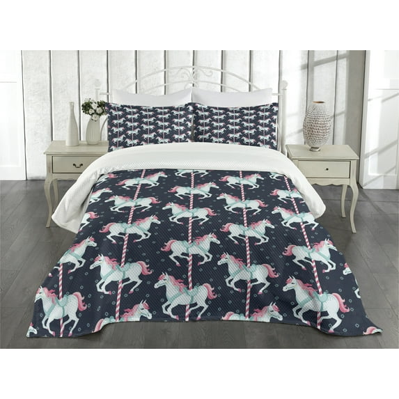 Ambesonne Cartoon Quilted Bedspread Set 3 Pcs, Carousel Horses, King Size, Pale Blue Indigo Pink