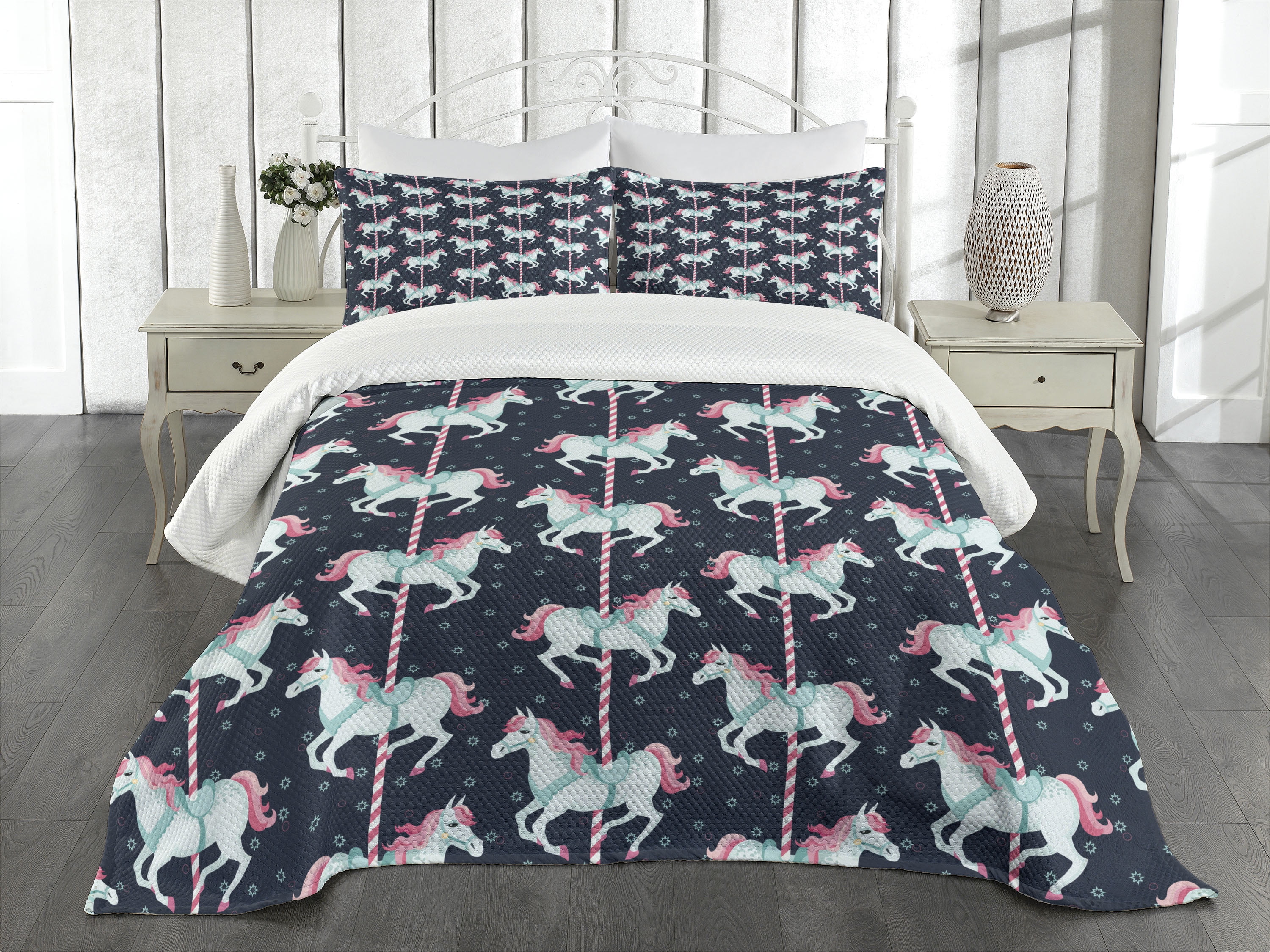 Queen Quilted Carousel Horse Bedspread Set in Pink and Blue