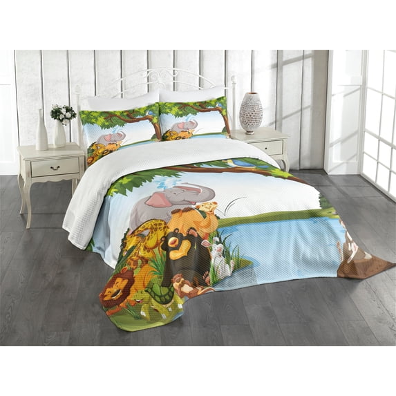 Ambesonne Cartoon Quilted Bedspread Set 3 Pcs, Cartoon Animals Funny, Queen Size, Multicolor
