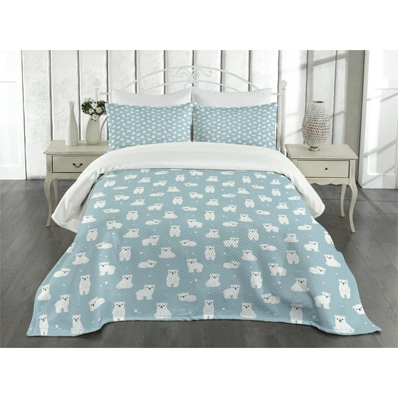 Ambesonne Cartoon Quilted Bedspread Set 3 Pcs, Cartoon Polar Bears Art, Queen Size, Pale Blue White