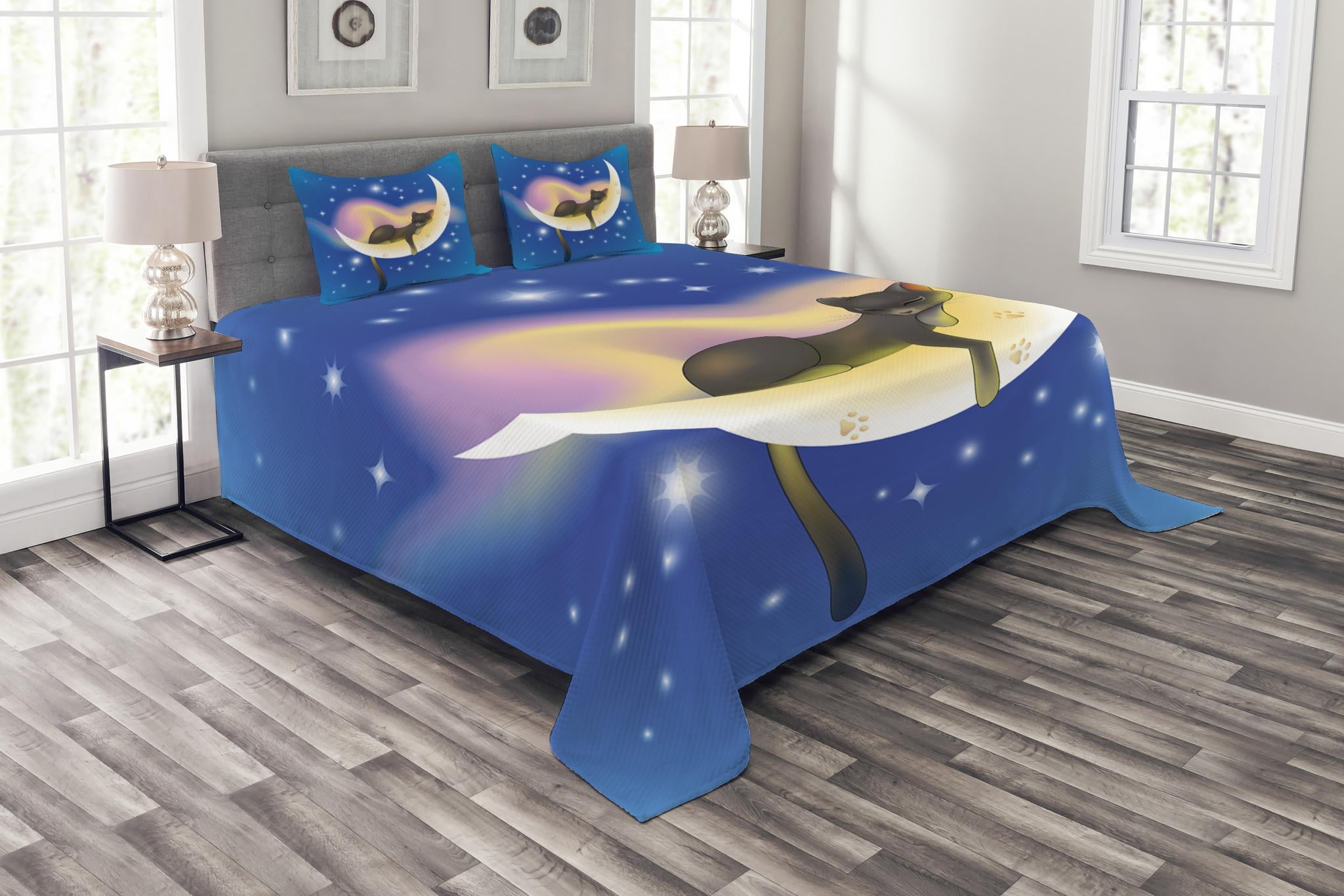 Queen Cartoon Cat Blue and White Bedspread Set