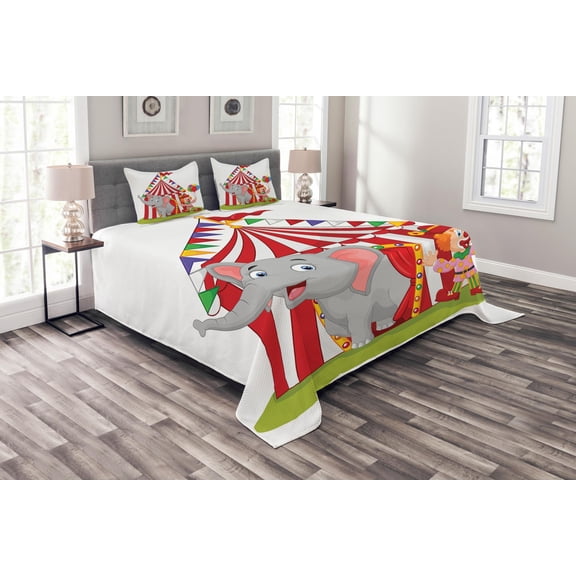 Ambesonne Cartoon Quilted Bedspread Set 3 Pcs, Circus Tent, Queen Size, Multicolor