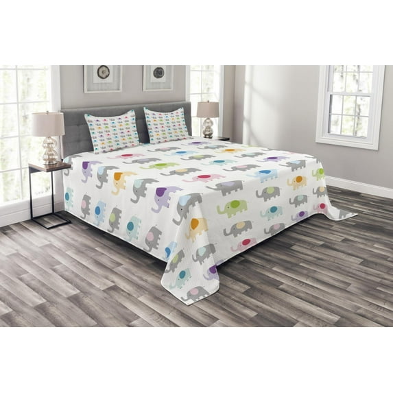 Ambesonne Cartoon Quilted Bedspread Set 3 Pcs, Colorful Fun Elephants, King Size, Multicolor
