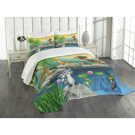 Ambesonne Cartoon Quilted Bedspread Set 3 Pcs, Colorful Scene of Animals, King Size, Lime Green and Multicolor