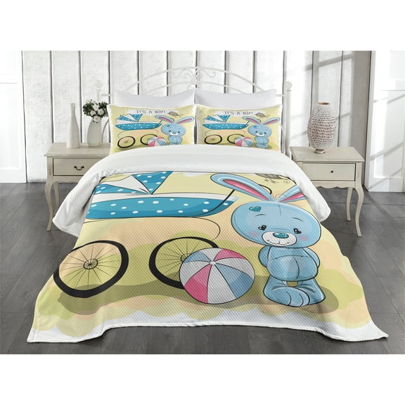 Ambesonne Cartoon Quilted Bedspread Set 3 Pcs, Delicate Bunny Ball Artwork, Queen Size, Avocado Green and Blue