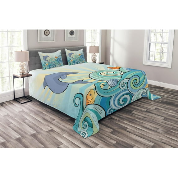 Ambesonne Cartoon Quilted Bedspread Set 3 Pcs, Dolphin Ocean, King Size, Multicolor