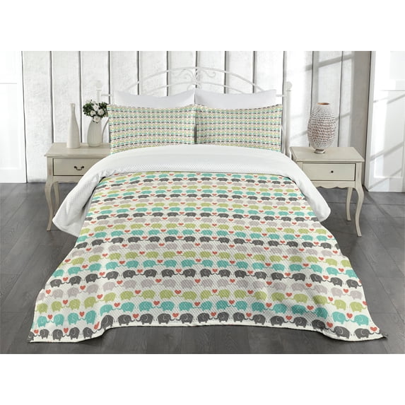 Ambesonne Cartoon Quilted Bedspread Set 3 Pcs, Elephants Love Adornment, King Size, Multicolor