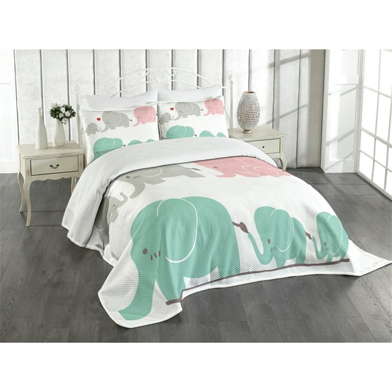Ambesonne Cartoon Quilted Bedspread Set 3 Pcs, Family Love Theme, Queen Size, Pale Pink Seafoam Grey