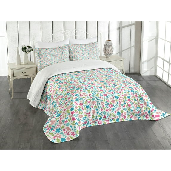 Ambesonne Cartoon Quilted Bedspread Set 3 Pcs, Floral Pattern Polka Dots, King Size, Multicolor