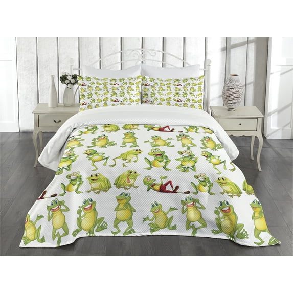 Ambesonne Cartoon Quilted Bedspread Set 3 Pcs, Frogs Different Poses, Queen Size, Green Yellow Red
