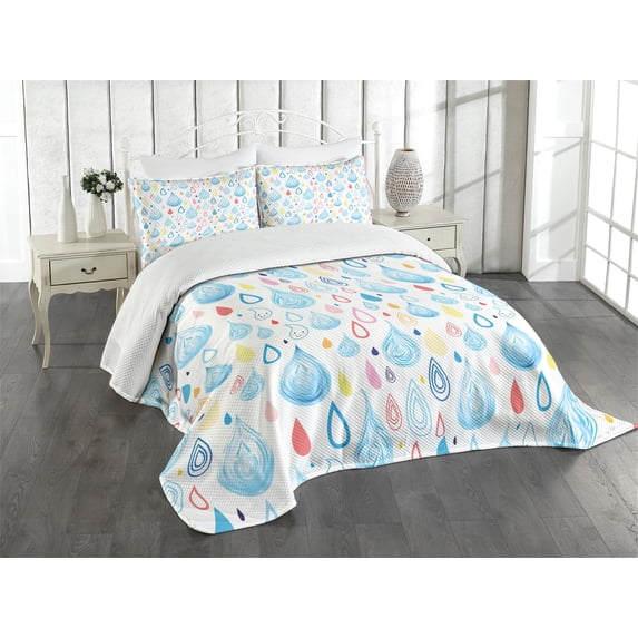Ambesonne Cartoon Quilted Bedspread Set 3 Pcs, Funny Raindrop Autumn, Queen Size, Multicolor