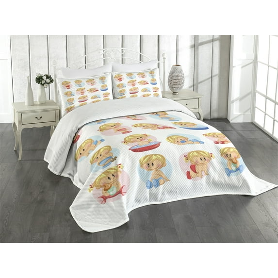 Ambesonne Cartoon Quilted Bedspread Set 3 Pcs, Funny Sleep Composition, King Size, Multicolor