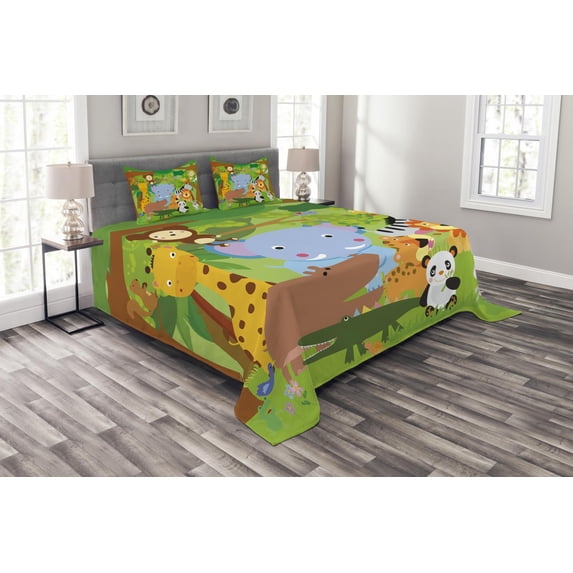Ambesonne Cartoon Quilted Bedspread Set 3 Pcs, Funny Wildlife Mammals, Queen Size, Multicolor