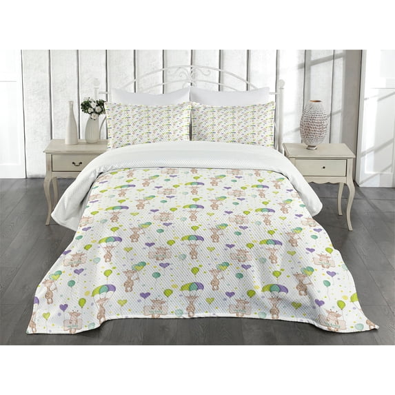 Ambesonne Cartoon Quilted Bedspread Set 3 Pcs, Giraffes Flying Art Design, Queen Size, Multicolor