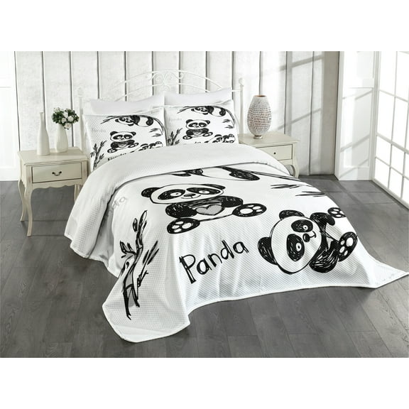 Ambesonne Cartoon Quilted Bedspread Set 3 Pcs, Hand Drawn Panda Poses, King Size, White and Black