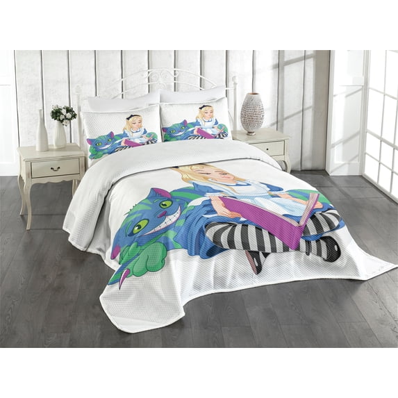 Ambesonne Cartoon Quilted Bedspread Set 3 Pcs, Happiness Love, Queen Size, Multicolor