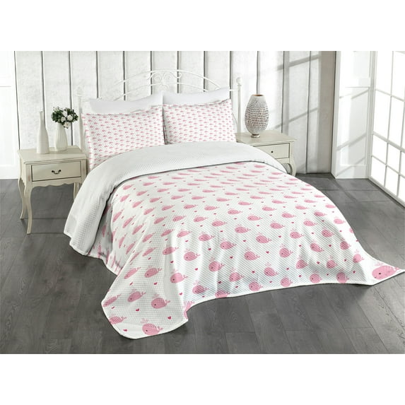 Ambesonne Cartoon Quilted Bedspread Set 3 Pcs, Hearts and Whales Love Art, Queen Size, White and Pink