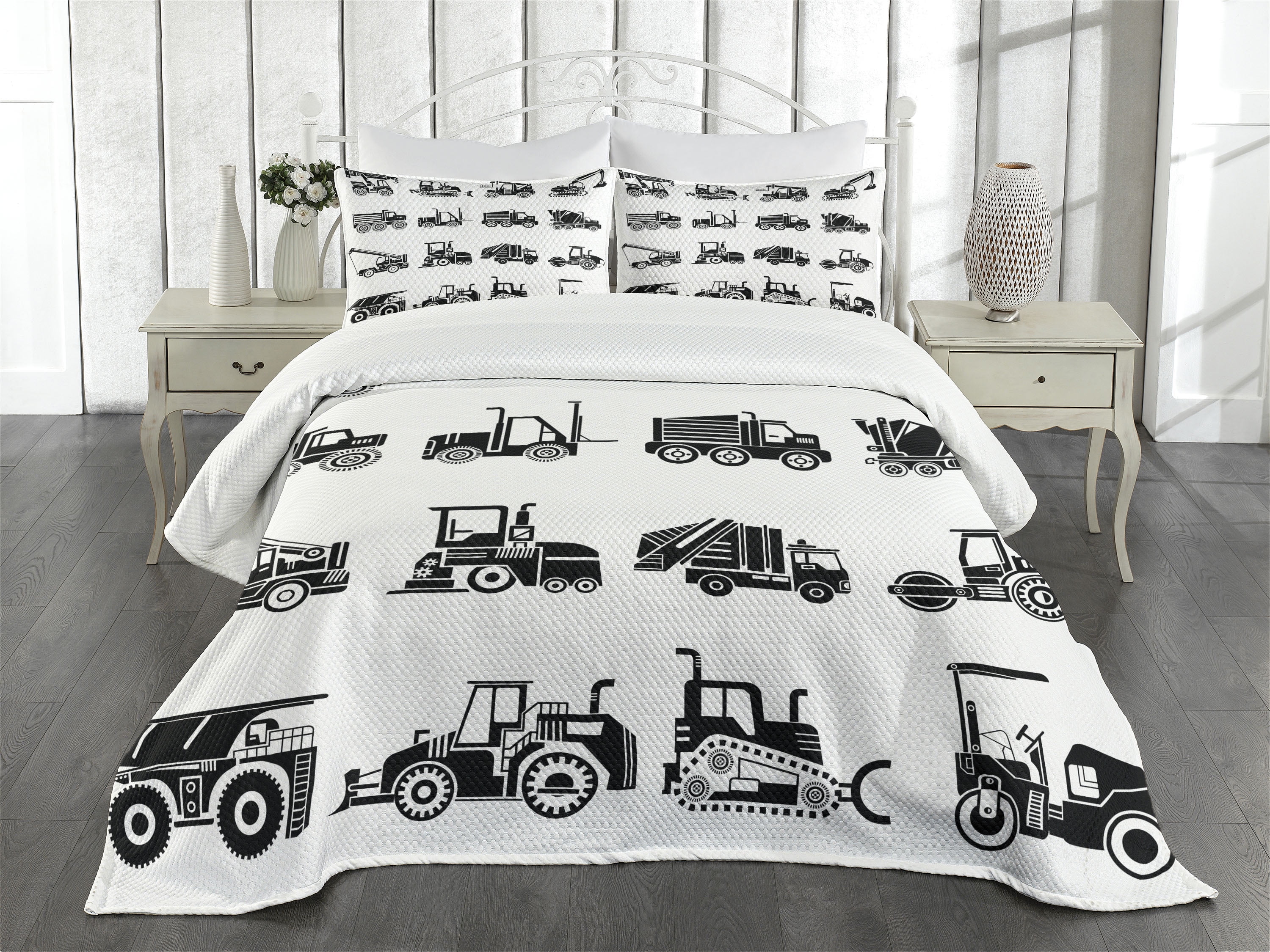 King Size White Quilted Bedspread Set with Heavy Machinery Print