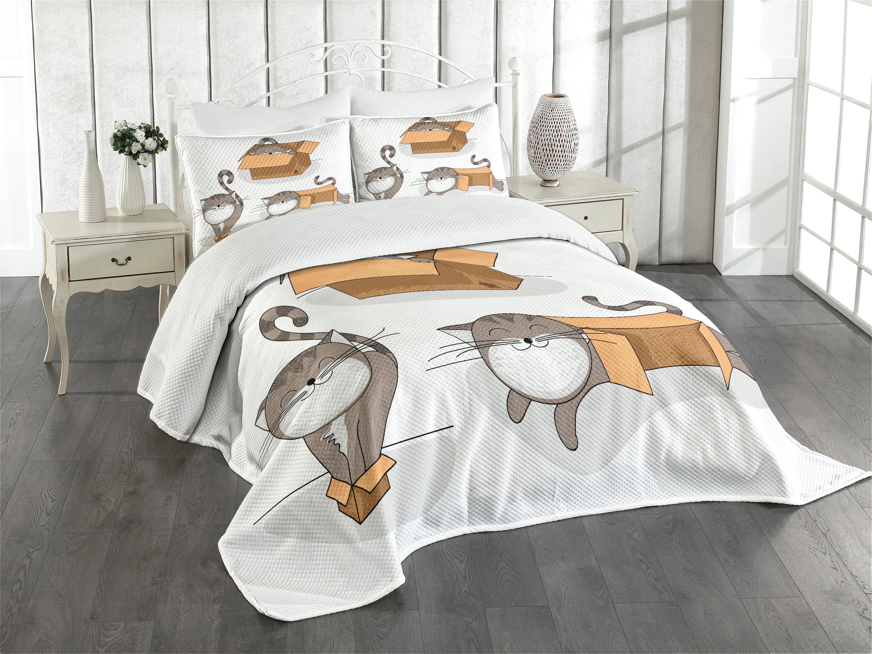 King Size Brown Cartoon Cat Bedspread Set