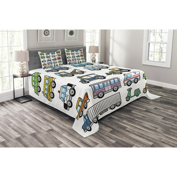 Ambesonne Cartoon Quilted Bedspread Set 3 Pcs, Land Transportation Theme, King Size, Multicolor