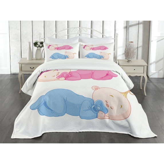 Ambesonne Cartoon Quilted Bedspread Set 3 Pcs, Little Twins in Pajamas, King Size, Pink Blue