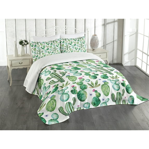 Ambesonne Cartoon Quilted Bedspread Set 3 Pcs, Mexican Cactus Plants, King Size, Lime Green Pale Pink