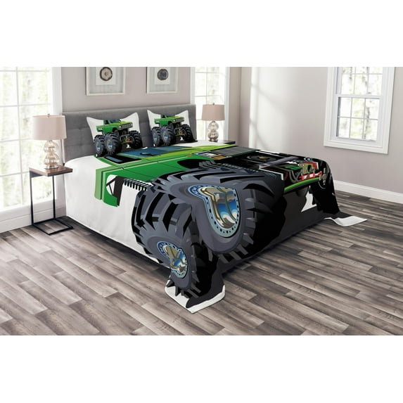 Ambesonne Cartoon Quilted Bedspread Set 3 Pcs, Monster Pickup Truck, King Size, Green Grey