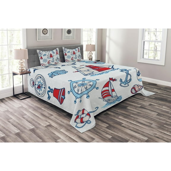 Ambesonne Cartoon Quilted Bedspread Set 3 Pcs, Nautical, Queen Size, Blue Red